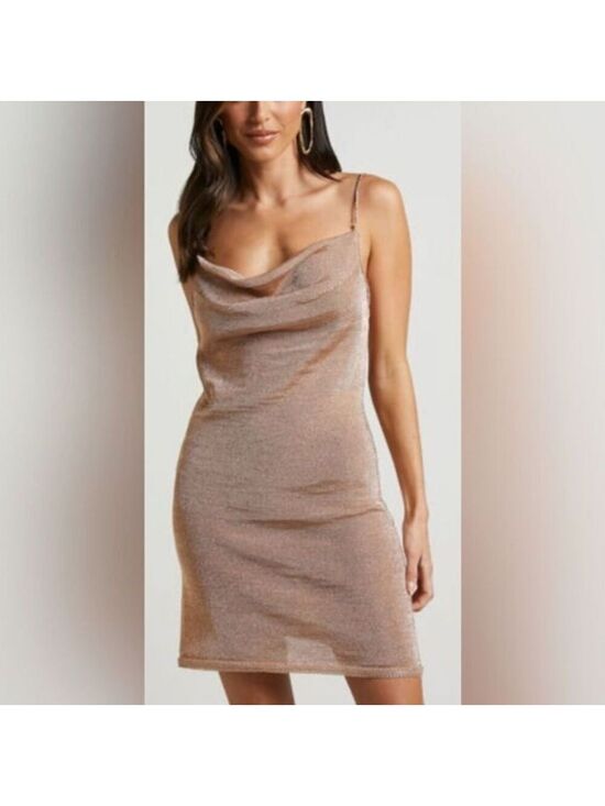 bebe Dresses & Skirts - Bebe | Cowl Sequin Mini Dress | Spaghetti Strap | Tan